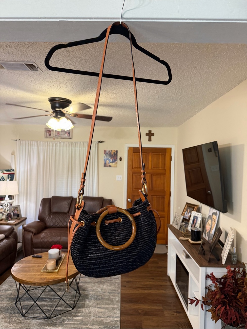 Ulla Johnson Black Raffia Woven Drawstring Shoulder Bag